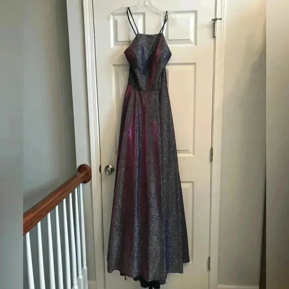 Prom Dress NWT Purple Silver Sparkle CorsetBack High Neck w/Pockets Women’s 10 - Picture 9 of 15